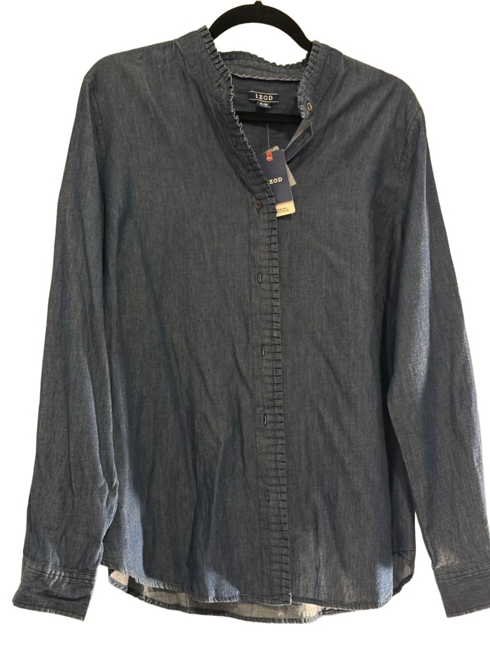 Izod Women’s Indigo Lightweight Denim Shirt, Ruffle Placket Sz XL NWT